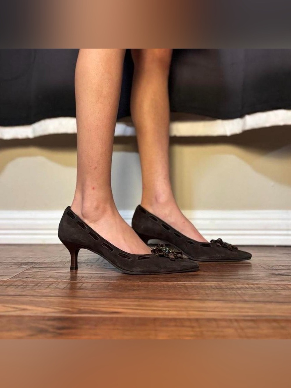 Brown Suede Kitten Heels W Green Gem Embellishment by Talbots - Picture 2 of 8